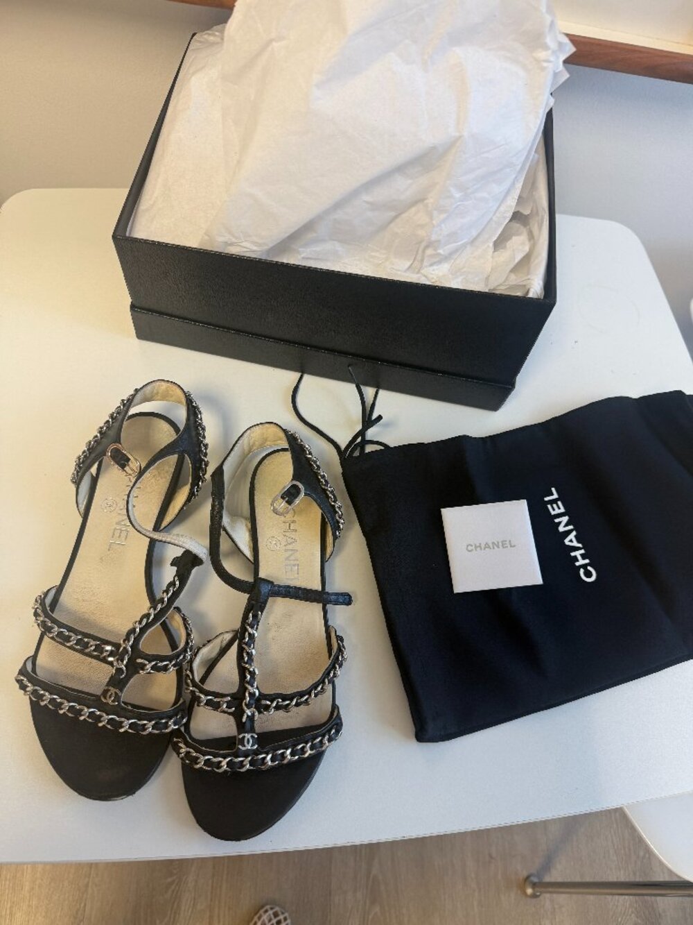 Chanel Black Leather Chain CC Logo Flat Sandal Size 37 Box Dust Bag Italy